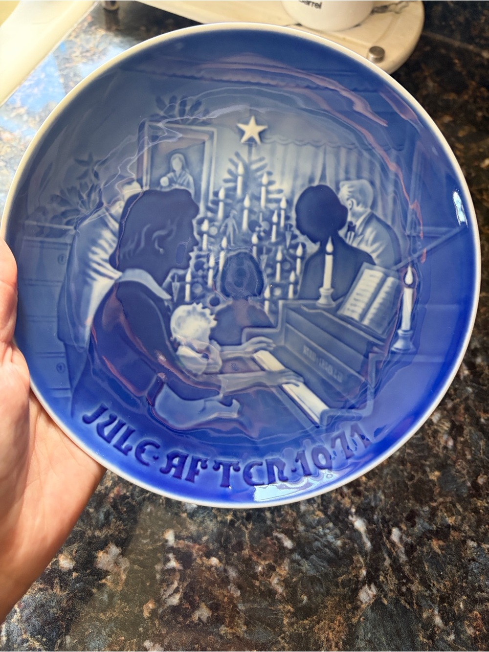 Blue Holiday Collector Ceramic Plate - Festive Family Scene